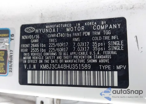 2017 Hyundai Tucson Se from USA, damaged, VIN KM8J3CA48HU351589